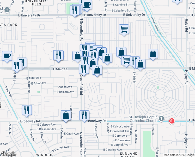 map of restaurants, bars, coffee shops, grocery stores, and more near 4517 East Main Street in Mesa