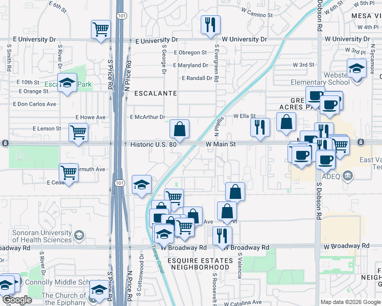map of restaurants, bars, coffee shops, grocery stores, and more near 2433 West Main Street in Mesa