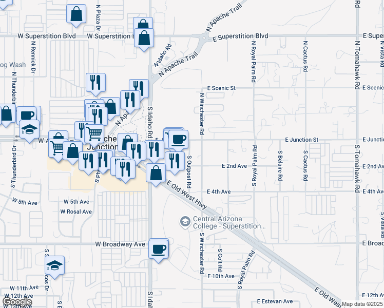 map of restaurants, bars, coffee shops, grocery stores, and more near 323 East Junction Street in Apache Junction