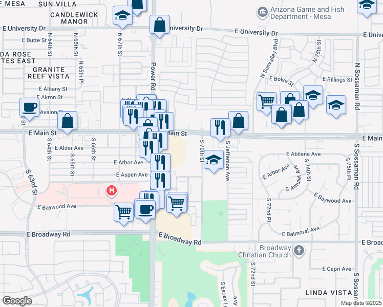 map of restaurants, bars, coffee shops, grocery stores, and more near 4 South 70th Street in Mesa