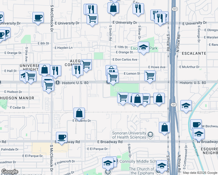 map of restaurants, bars, coffee shops, grocery stores, and more near 2011 East Apache Boulevard in Tempe