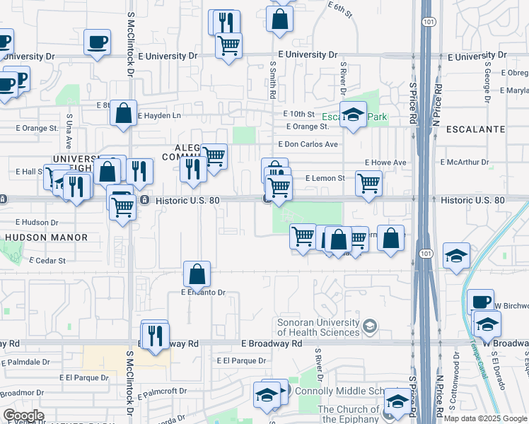 map of restaurants, bars, coffee shops, grocery stores, and more near 1315 South Martin Lane in Tempe