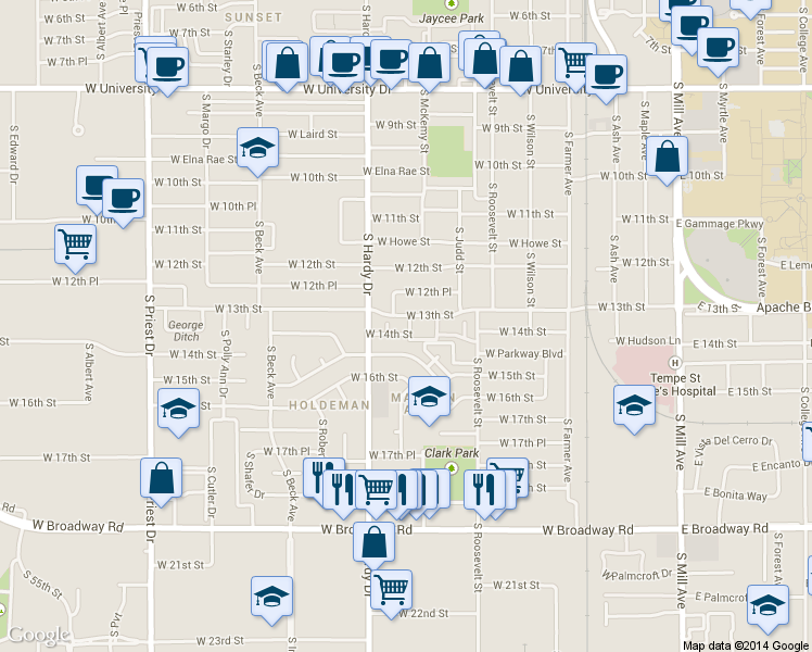 map of restaurants, bars, coffee shops, grocery stores, and more near 812 West 14th Street in Tempe