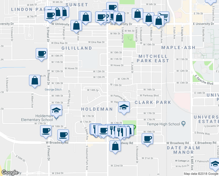 map of restaurants, bars, coffee shops, grocery stores, and more near 1312 South Hardy Drive in Tempe