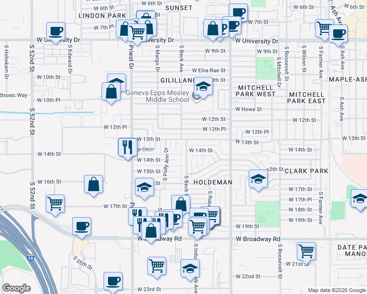 map of restaurants, bars, coffee shops, grocery stores, and more near 1316 South Shafer Drive in Tempe