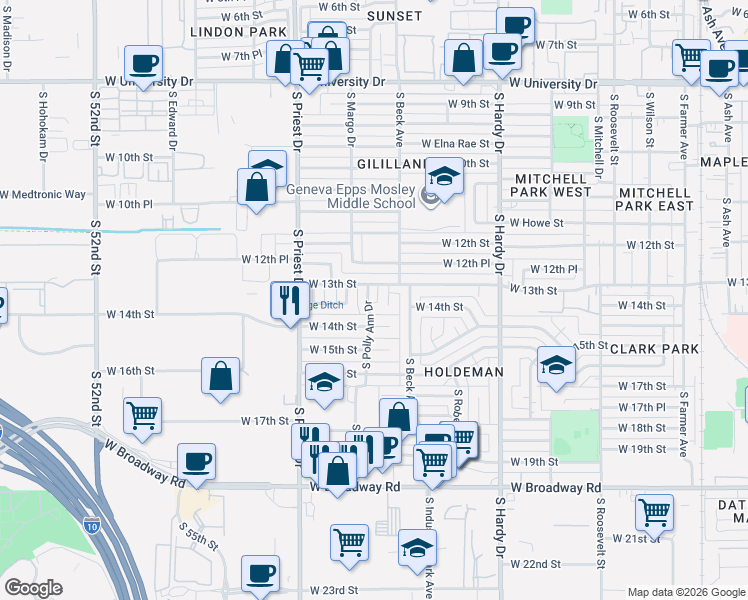 map of restaurants, bars, coffee shops, grocery stores, and more near 1316 South Shafer Drive in Tempe