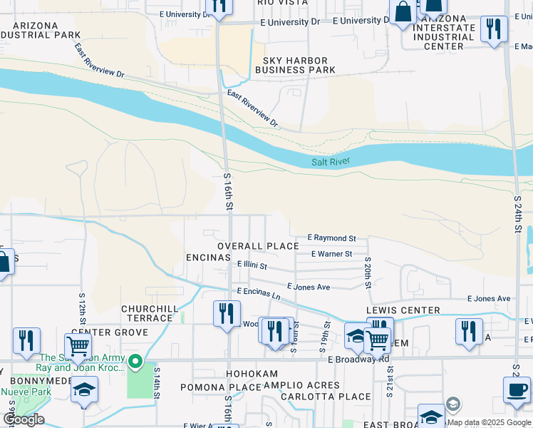 map of restaurants, bars, coffee shops, grocery stores, and more near 3601 South 16th Place in Phoenix