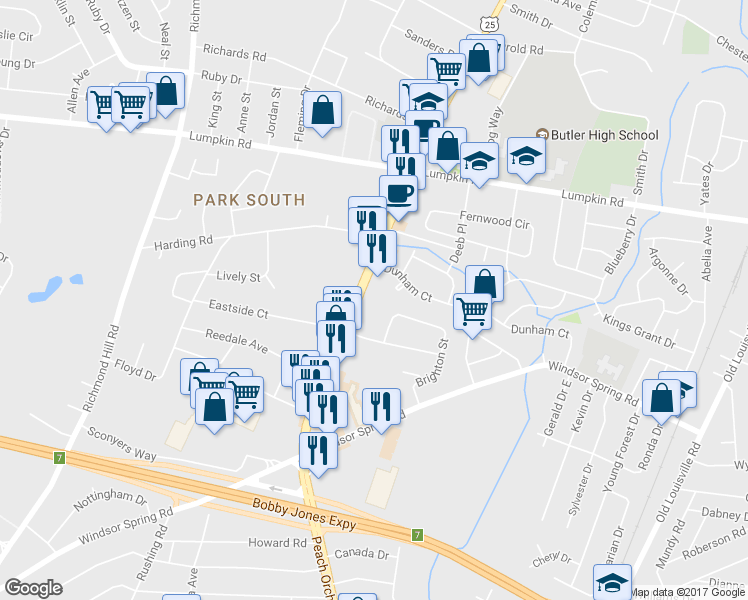 map of restaurants, bars, coffee shops, grocery stores, and more near 3034 Peach Orchard Rd in Augusta