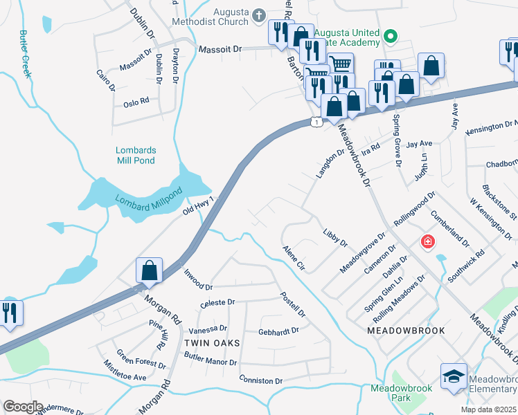 map of restaurants, bars, coffee shops, grocery stores, and more near 3055 Libby Drive in Augusta