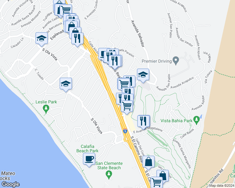 map of restaurants, bars, coffee shops, grocery stores, and more near 17 West Avenida San Gabriel in San Clemente
