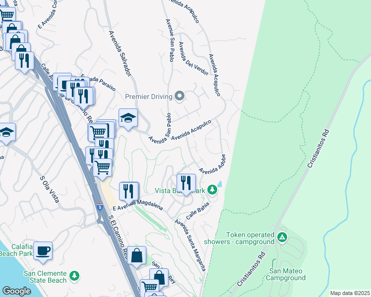 map of restaurants, bars, coffee shops, grocery stores, and more near 124 Avenida Adobe in San Clemente