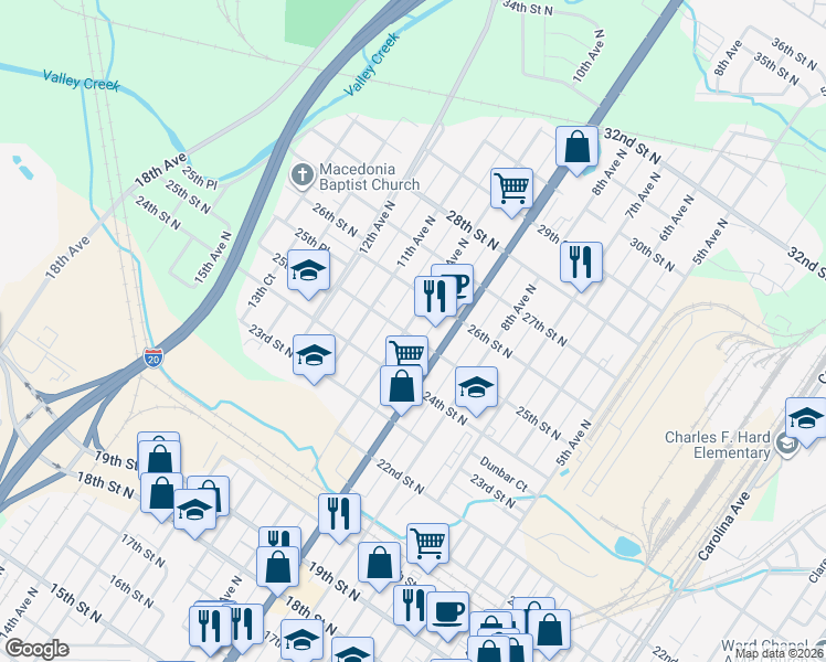 map of restaurants, bars, coffee shops, grocery stores, and more near 2501 10th Ave N in Bessemer