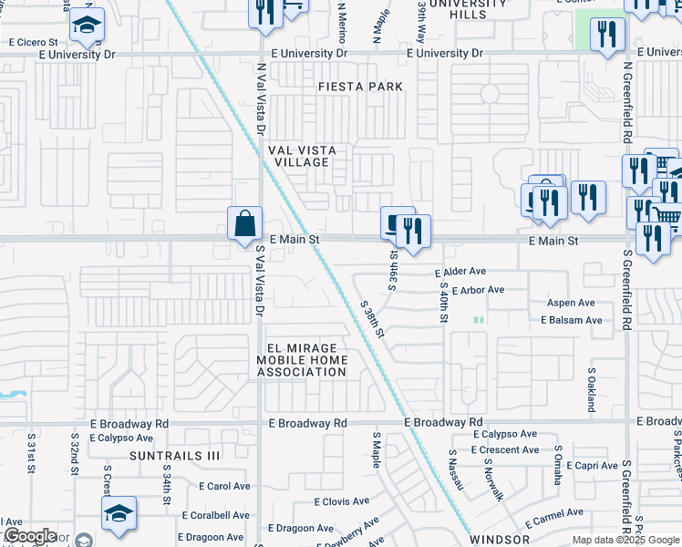 map of restaurants, bars, coffee shops, grocery stores, and more near 40 S 38th St in Mesa