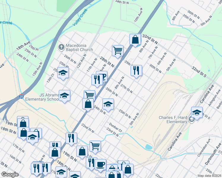 map of restaurants, bars, coffee shops, grocery stores, and more near 2606 8th Avenue North in Bessemer