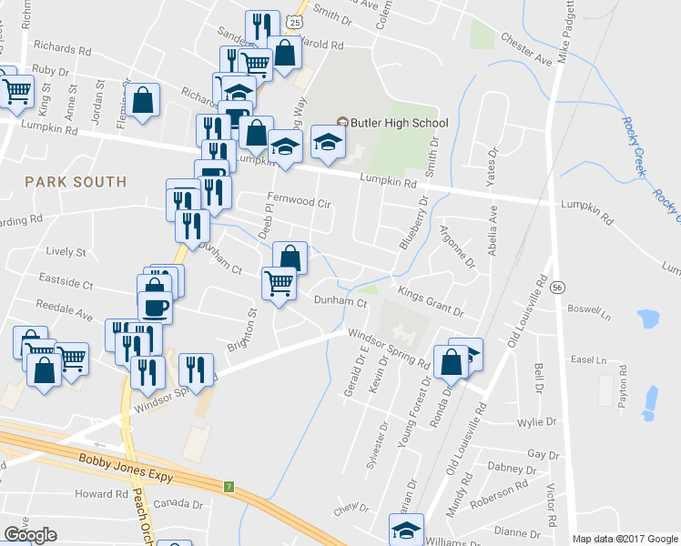 map of restaurants, bars, coffee shops, grocery stores, and more near 2607 Nannette Drive in Augusta