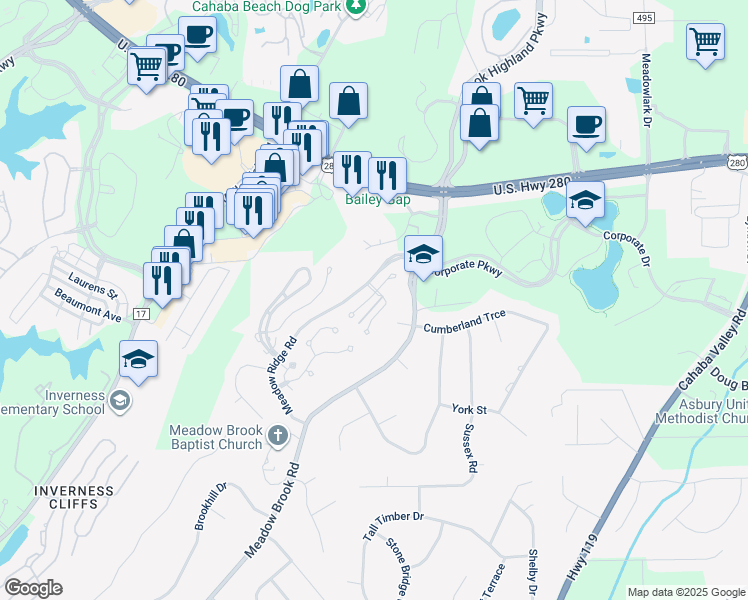map of restaurants, bars, coffee shops, grocery stores, and more near 209 Meadow Croft Circle in Birmingham