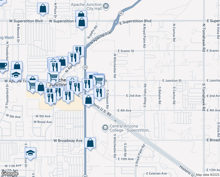 map of restaurants, bars, coffee shops, grocery stores, and more near 323 East Junction Street in Apache Junction