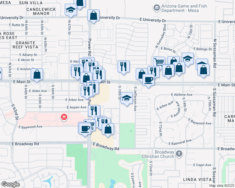 map of restaurants, bars, coffee shops, grocery stores, and more near 4 South 70th Street in Mesa