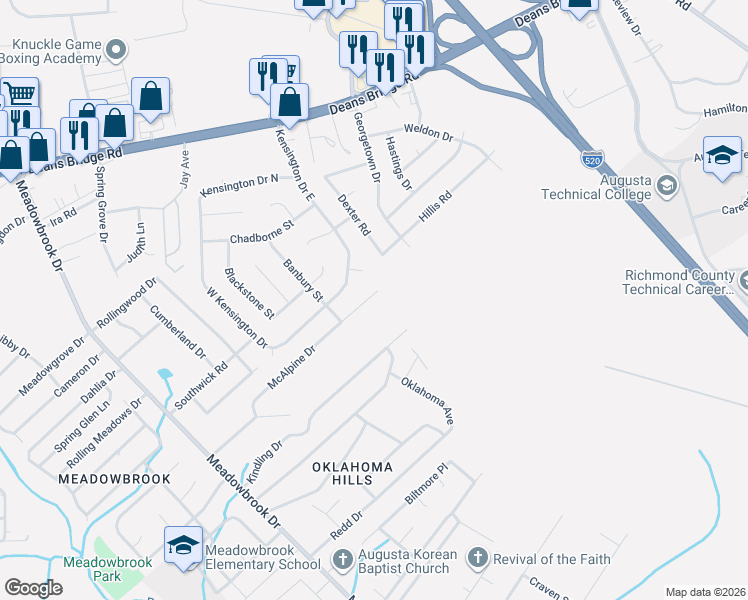 map of restaurants, bars, coffee shops, grocery stores, and more near 3460 McAlpine Drive in Augusta