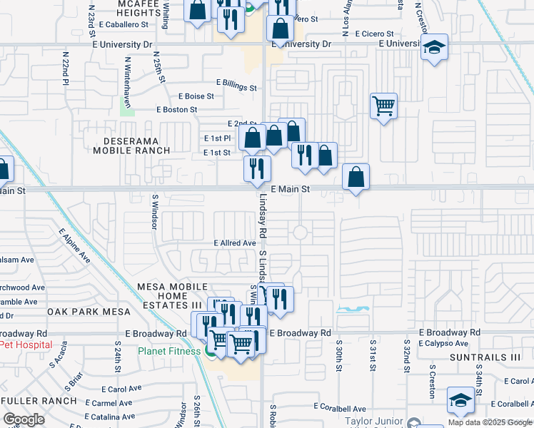 map of restaurants, bars, coffee shops, grocery stores, and more near 118 6th Street in Mesa