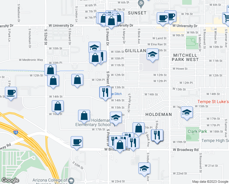 map of restaurants, bars, coffee shops, grocery stores, and more near 1315 South Darrow Drive in Tempe