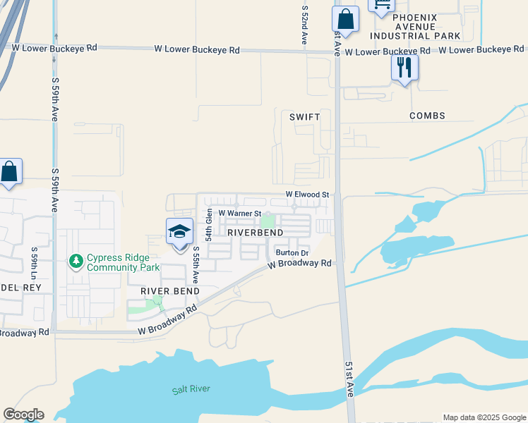 map of restaurants, bars, coffee shops, grocery stores, and more near 5302 West Warner Street in Phoenix