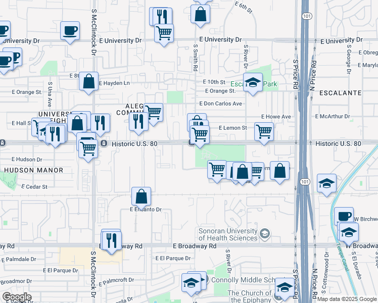 map of restaurants, bars, coffee shops, grocery stores, and more near 1315 South Martin Lane in Tempe