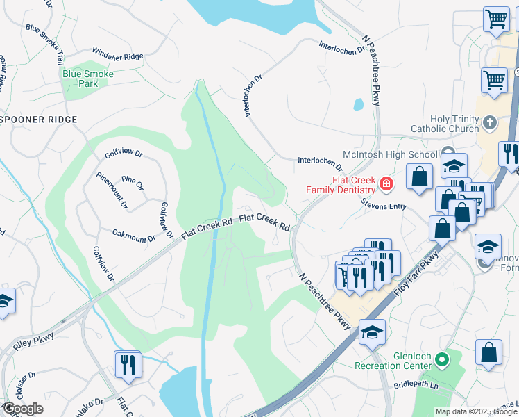 map of restaurants, bars, coffee shops, grocery stores, and more near 100 Country Club Court in Peachtree City