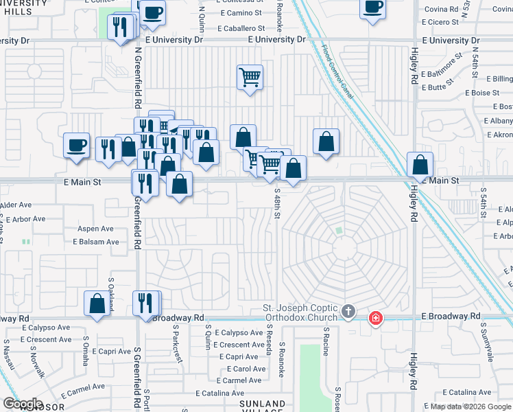 map of restaurants, bars, coffee shops, grocery stores, and more near Kurt Lane in Mesa