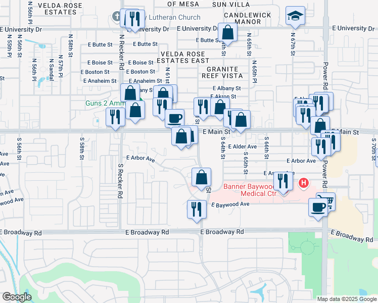 map of restaurants, bars, coffee shops, grocery stores, and more near 6247 East Main Street in Mesa