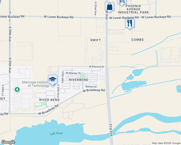 map of restaurants, bars, coffee shops, grocery stores, and more near 5204 West Warner Street in Phoenix