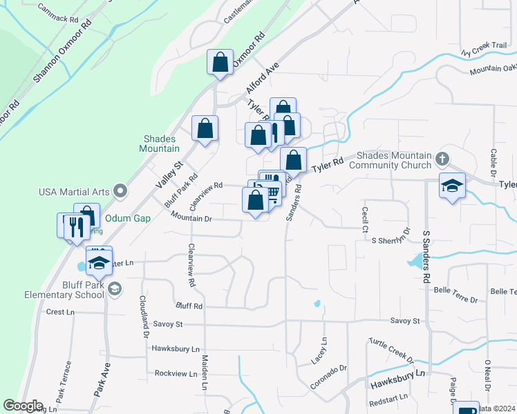 map of restaurants, bars, coffee shops, grocery stores, and more near 2400 Mountain Drive in Hoover