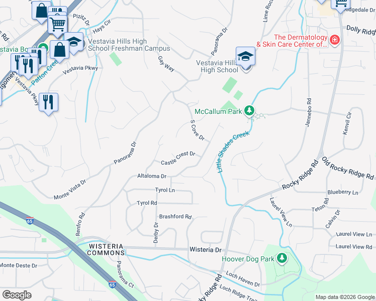 map of restaurants, bars, coffee shops, grocery stores, and more near 3340 Castle Crest Drive in Vestavia Hills