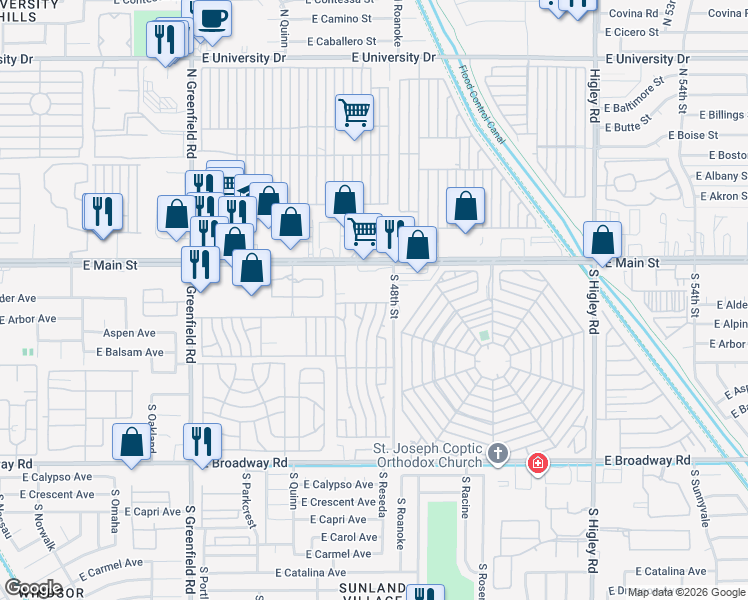 map of restaurants, bars, coffee shops, grocery stores, and more near Kurt Lane in Mesa