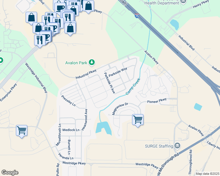 map of restaurants, bars, coffee shops, grocery stores, and more near 640 Parkside Place Drive in McDonough