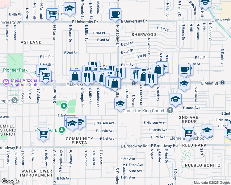 map of restaurants, bars, coffee shops, grocery stores, and more near 36 South Stapley Drive in Mesa