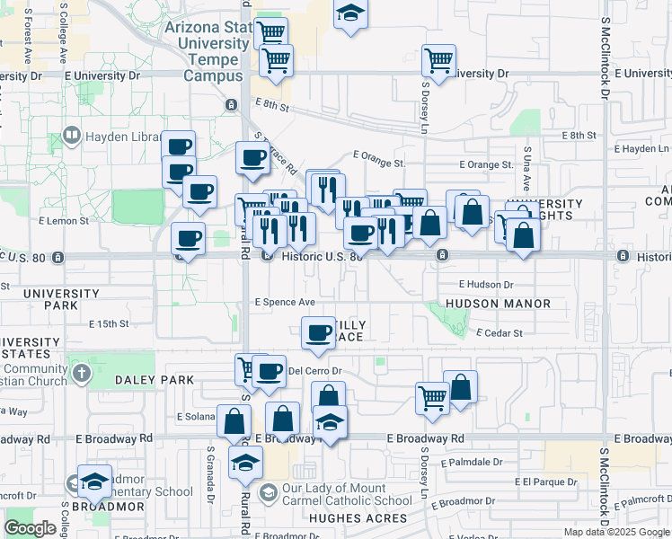 map of restaurants, bars, coffee shops, grocery stores, and more near 1111 East Apache Boulevard in Tempe