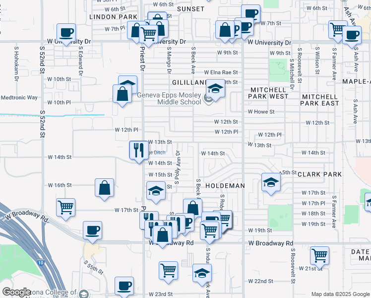 map of restaurants, bars, coffee shops, grocery stores, and more near 1316 South Shafer Drive in Tempe