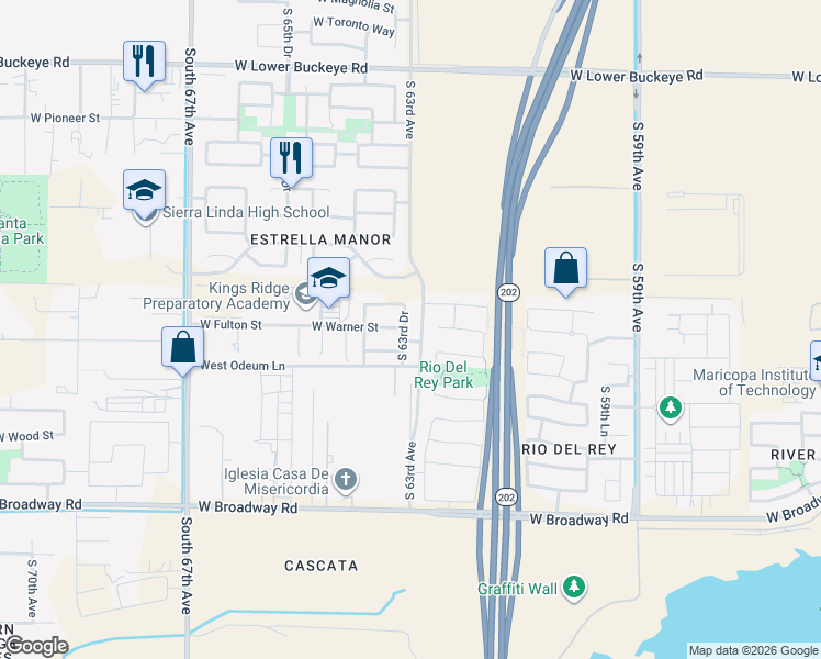 map of restaurants, bars, coffee shops, grocery stores, and more near 3727 South 63rd Drive in Phoenix