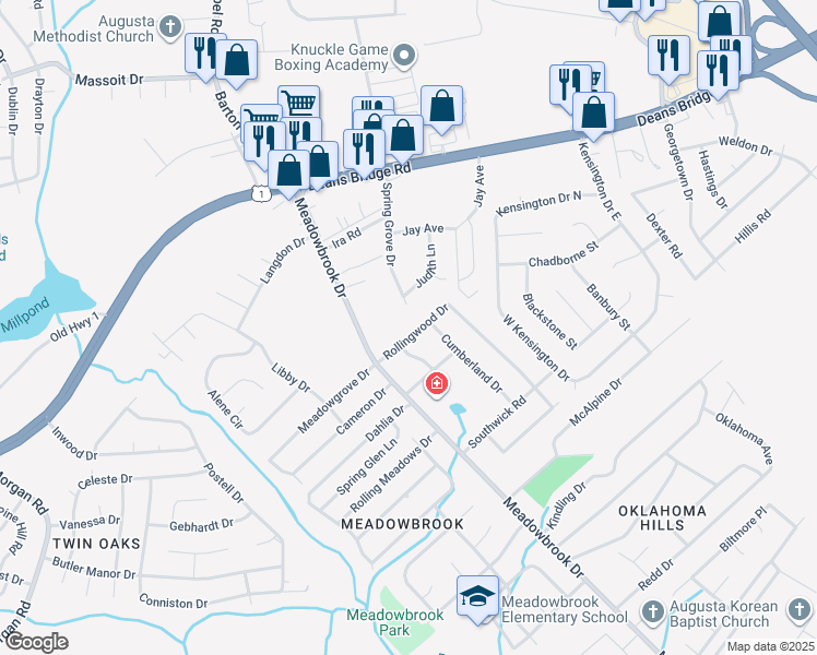 map of restaurants, bars, coffee shops, grocery stores, and more near 2944 Rollingwood Drive in Augusta