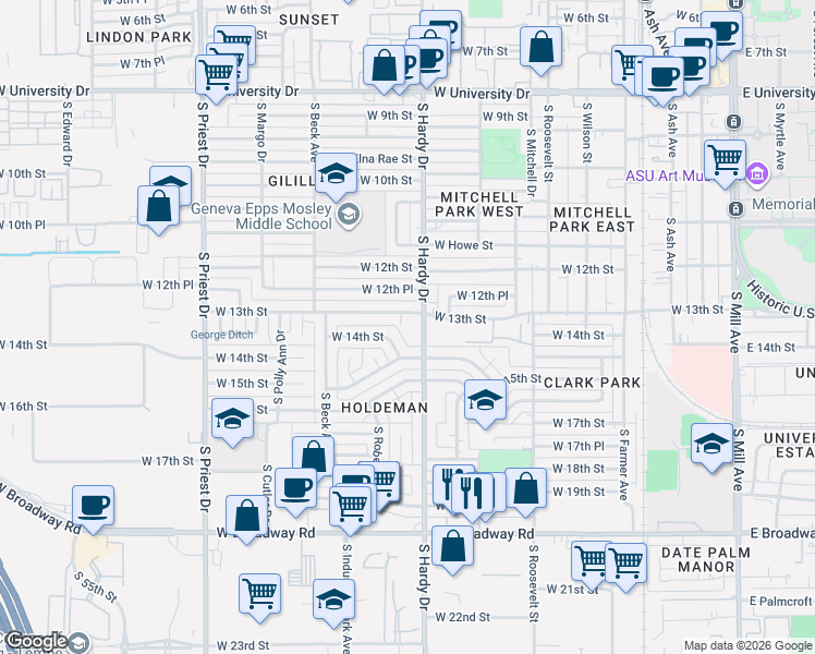 map of restaurants, bars, coffee shops, grocery stores, and more near 1312 South Hardy Drive in Tempe