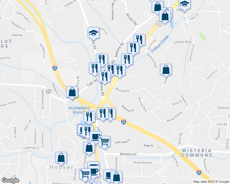 map of restaurants, bars, coffee shops, grocery stores, and more near 2029 Montreat Drive in Vestavia Hills