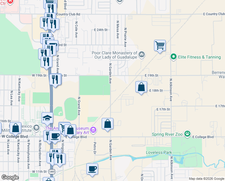 map of restaurants, bars, coffee shops, grocery stores, and more near 1801 North Garden Avenue in Roswell