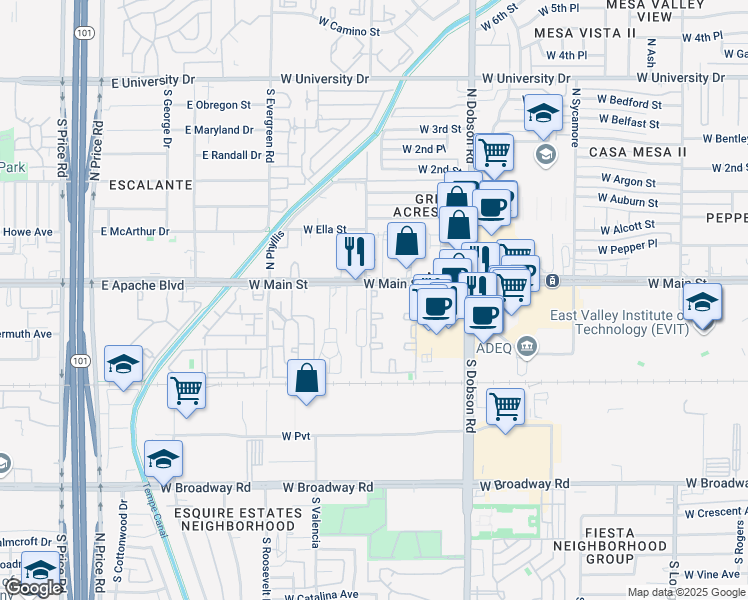 map of restaurants, bars, coffee shops, grocery stores, and more near 39 Pelican Bay Club in Mesa