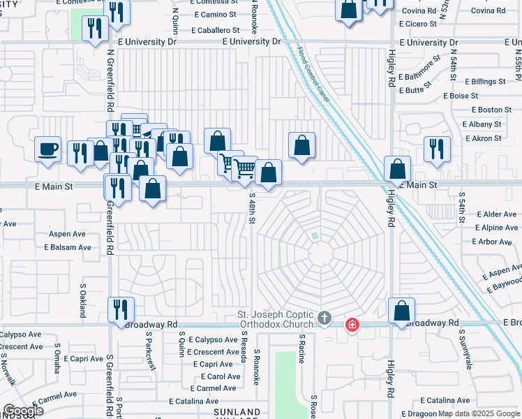 map of restaurants, bars, coffee shops, grocery stores, and more near 51 South 48th Street in Mesa