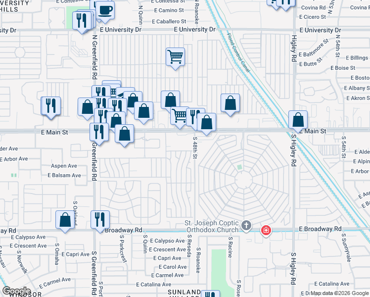 map of restaurants, bars, coffee shops, grocery stores, and more near Kurt Lane in Mesa