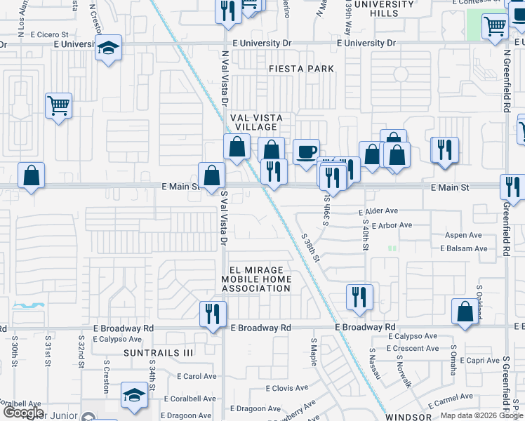 map of restaurants, bars, coffee shops, grocery stores, and more near 3702 East Arbor Circle in Mesa