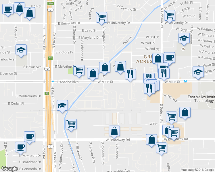 map of restaurants, bars, coffee shops, grocery stores, and more near 2343 West Main Street in Mesa
