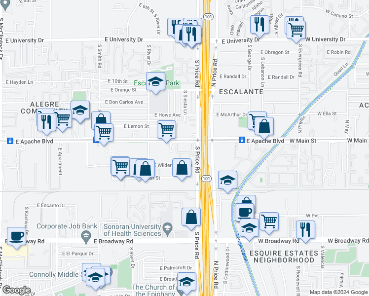 map of restaurants, bars, coffee shops, grocery stores, and more near 2185 East Apache Boulevard in Tempe