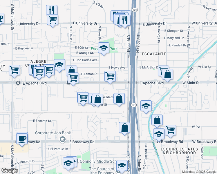 map of restaurants, bars, coffee shops, grocery stores, and more near 2111 East Apache Boulevard in Tempe